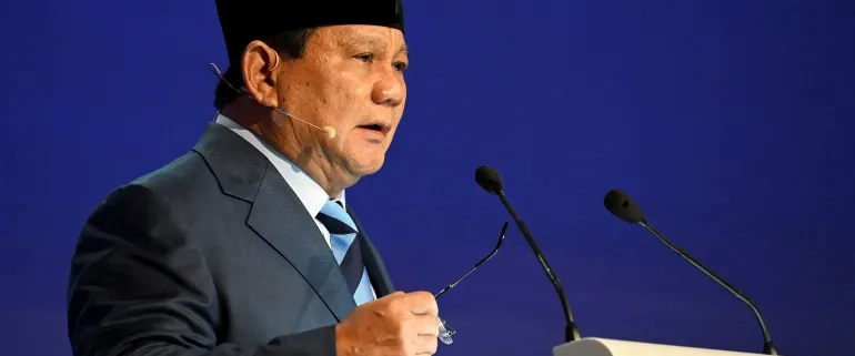 Indonesia's Defence Minister Prabowo Subianto speaks at the second plenary session of the 19th Shangri-La Dialogue in Singapore, June 11, 2022 [Caroline Chia/ Reuters]